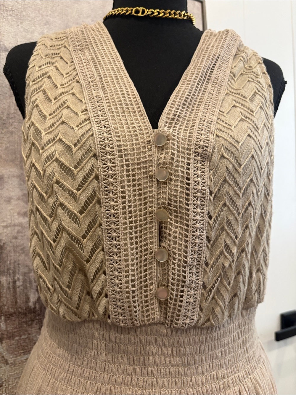 Sleeveless Beige Tiered Maxi Dress with Smocked Waist - Picture 2 of 8